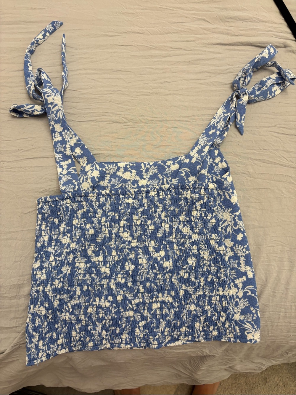 Old Navy Blue and White Floral Smocked Tie-Shoulder Crop Top